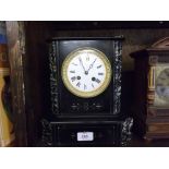 LATE 19TH CENTURY FRENCH BLACK SLATE AND MARBLE 8-DAY MANTEL CLOCK IN ARCHITECTURAL CASE, THE