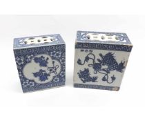 TWO CHINESE FLOWER BRICKS, EACH OF RECTANGULAR FORM WITH PIERCED TOPS, ONE DECORATED WITH KAOLIN