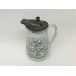 19TH CENTURY STAFFORDSHIRE PEWTER-LIDDED JUG DECORATED WITH THE FARMERS ARMS AND PANEL OF VERSE, 7