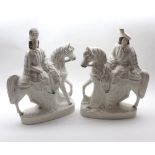 Large pair of 19th century Staffordshire figures on horseback, 15" high (some cracks and crazing