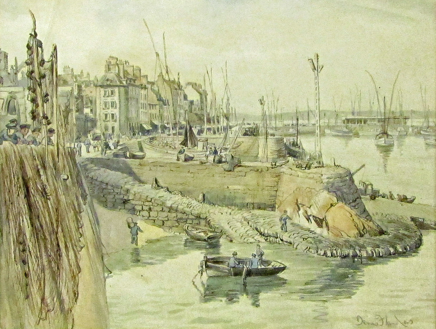 DENNIS FLANDERS, signed lower right, pen, ink and watercolour, Busy Harbour Scene with Fisher