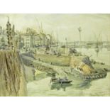 DENNIS FLANDERS, signed lower right, pen, ink and watercolour, Busy Harbour Scene with Fisher