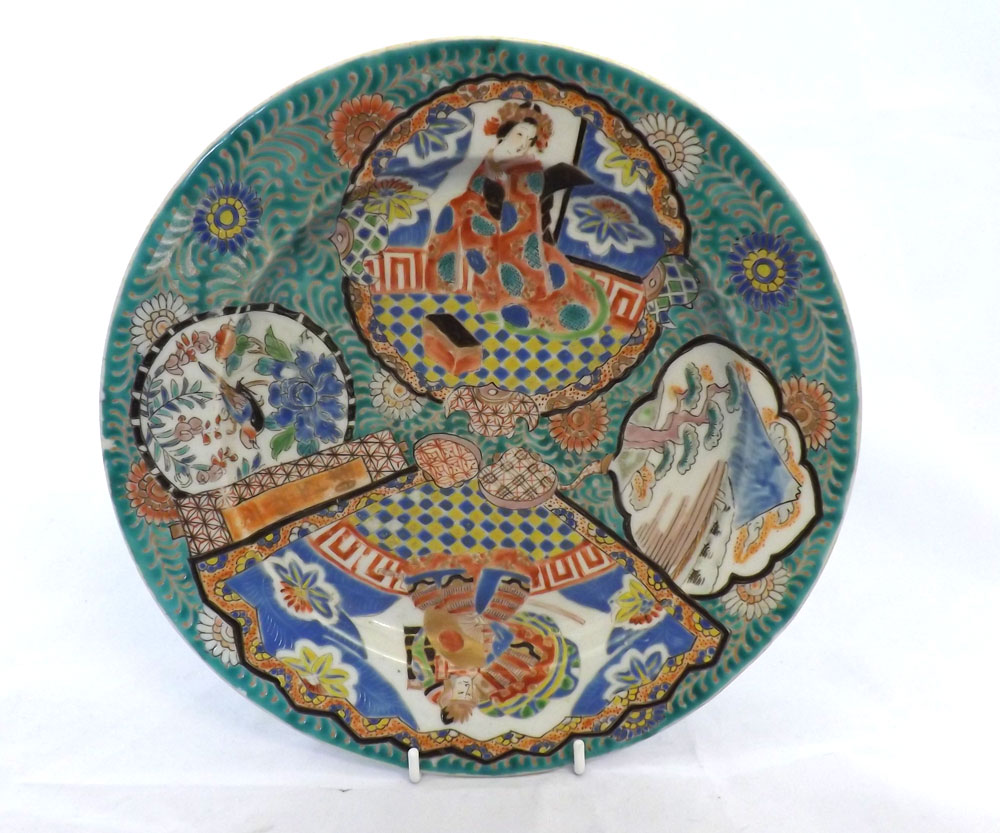 Chinese circular plate, painted with panels of interior and landscape scenes on a predominantly