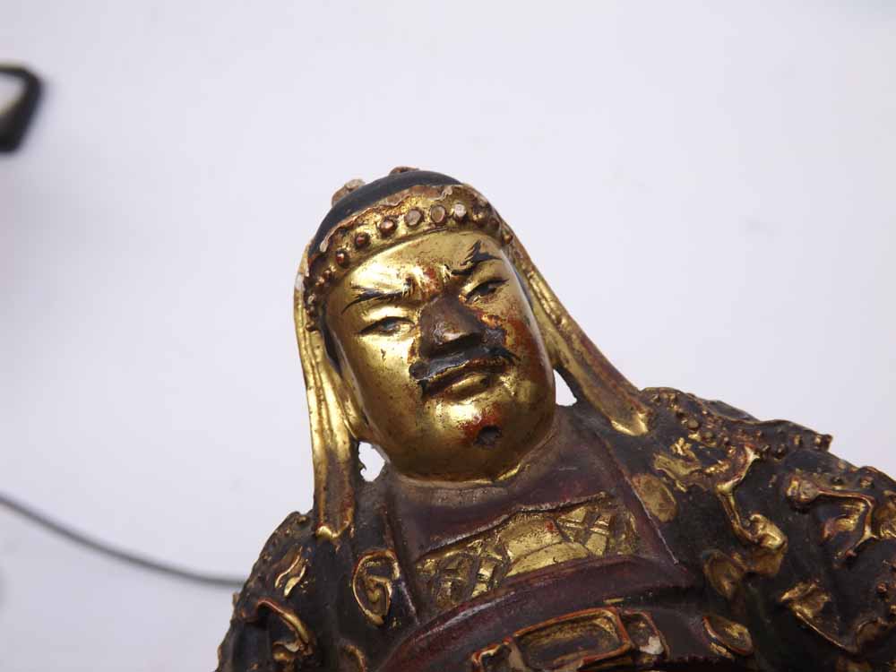 Chinese carved hardwood figure of a seated warlord on his throne, decorated throughout with gilded - Image 6 of 9