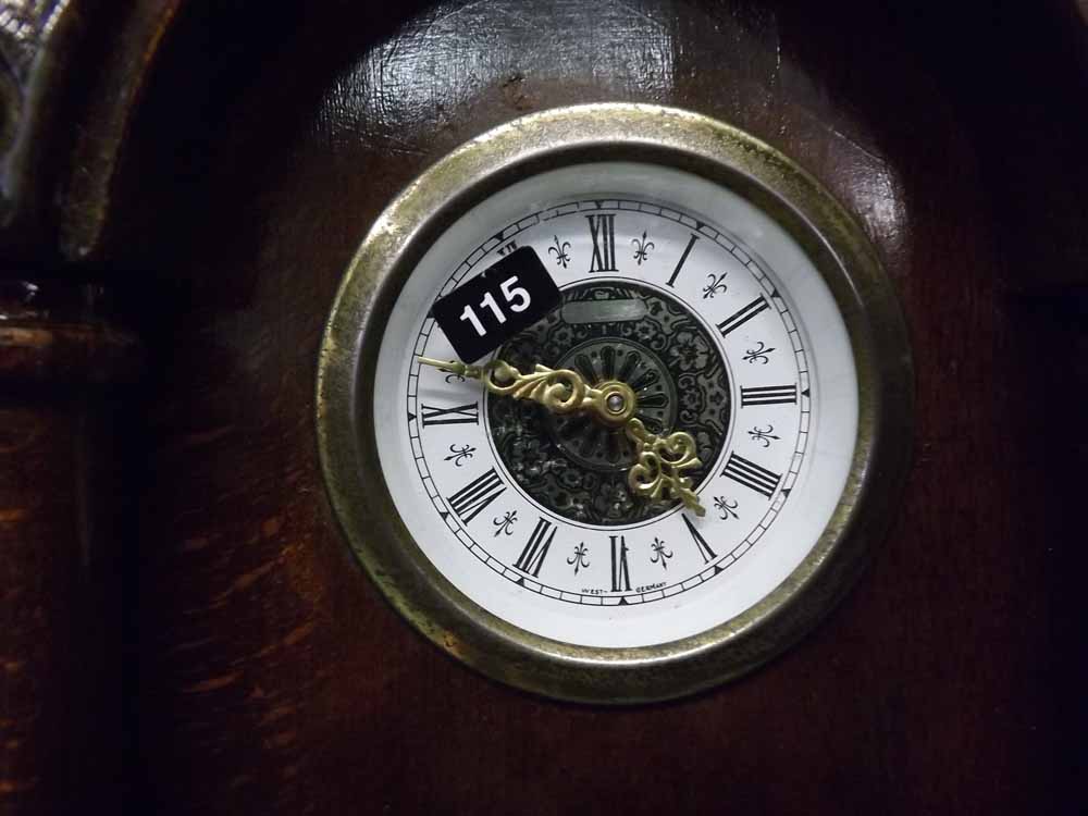 20th century mantel clock, the stained wooden architectural case with small drawer to base, 10 1/ - Image 2 of 2