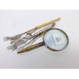 Mixed Lot: various silver and white metal pickle forks and a vintage hand magnifying glass