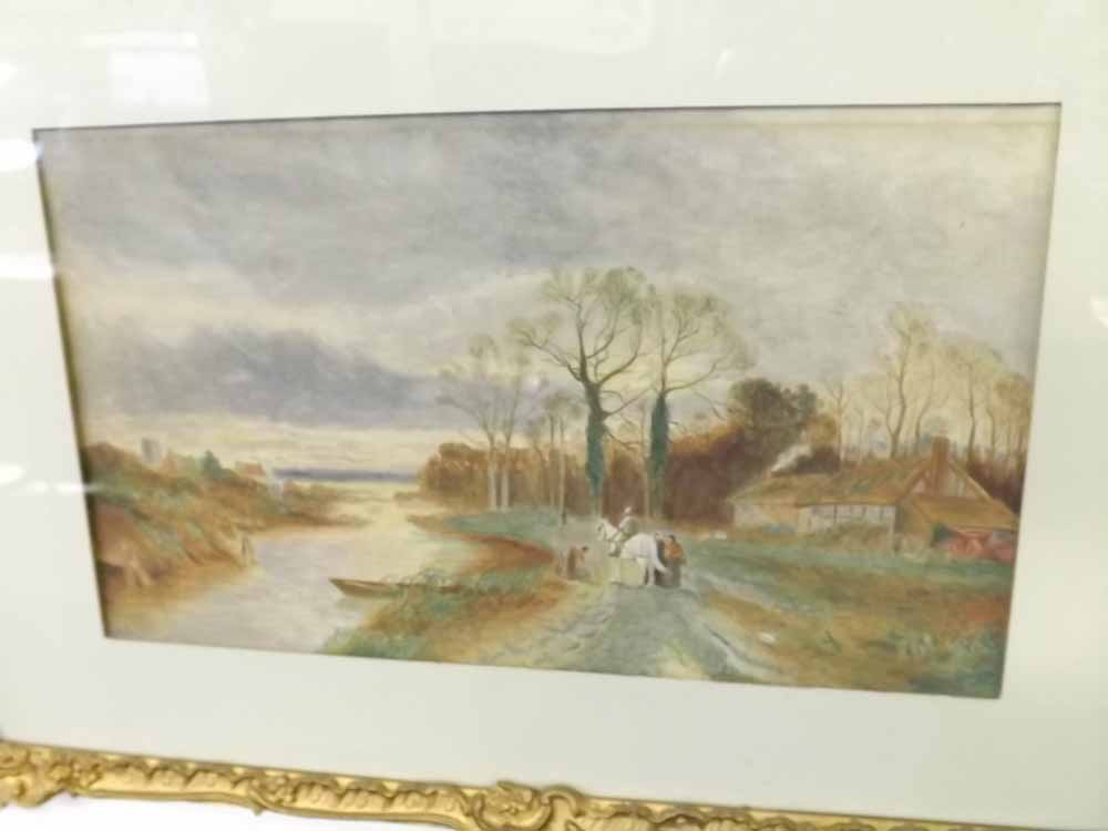 M M B, INITIALLED LOWER LEFT, WATERCOLOUR, River Scene with figures and cottage, 10" x 17"