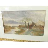 M M B, INITIALLED LOWER LEFT, WATERCOLOUR, River Scene with figures and cottage, 10" x 17"