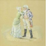 Early 20th century English school, group of 5 watercolours on silk, romantic musical tableaus, 5 1/2