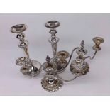 Pair of 20th century three light silver plated candelabra, raised on spreading loaded bases;