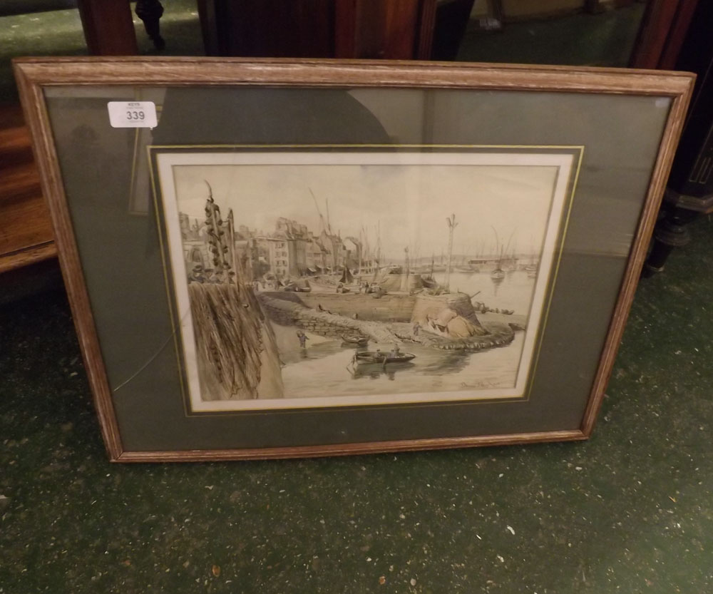 DENNIS FLANDERS, signed lower right, pen, ink and watercolour, Busy Harbour Scene with Fisher - Bild 2 aus 6