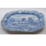Large 19th century octagonal blue and white meat plate, decorated with the Bridge of Lucano Italy