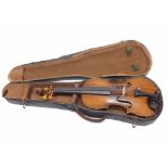 Antique violin, probably 19th Century, no maker's label apparent, heavily used and scuffed, complete