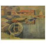 CHARLES HANNAFORD JNR SIGNED LOWER RIGHT, WATERCOLOUR, "Boats at Barton Turf", 10" x 14"