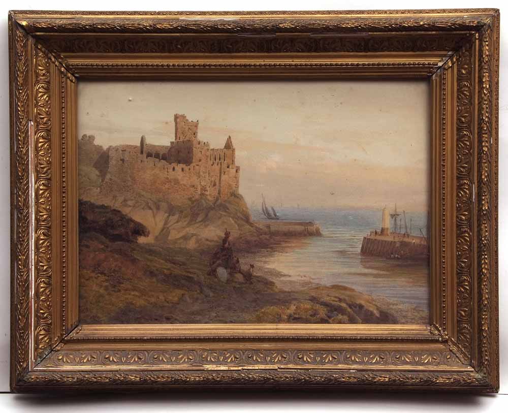 JAMES WHAITE (ACT 1850-1916, BRITISH), COASTAL SCENE WITH FIGURES ON CLIFF TOP, HARBOUR AND RUINED