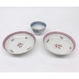 Pair of small 18th century saucers, English, Newhall, decorated with pink border and floral