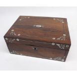 Small 19th century rosewood and mother of pearl inlaid dressing table box of hinged rectangular