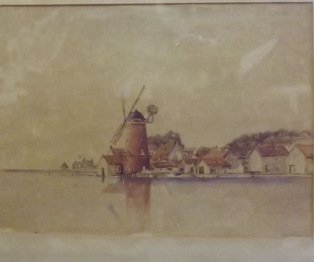 E H RAMM, signed watercolour, coastal or lakeside scene with windmill and cottages (A/F), 9 3/4" x