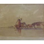 E H RAMM, signed watercolour, coastal or lakeside scene with windmill and cottages (A/F), 9 3/4" x