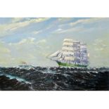 NORMAN FULLER, SIGNED LOWER RIGHT, OIL ON BOARD, Three masted vessel at Sea 20" x 30"