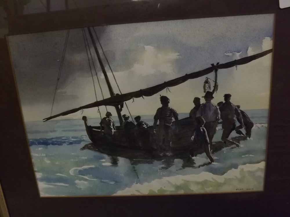 ELNA HECK, SIGNED LOWER RIGHT, WATERCOLOUR, Launching the fishing boat, 9 1/2" x 13"