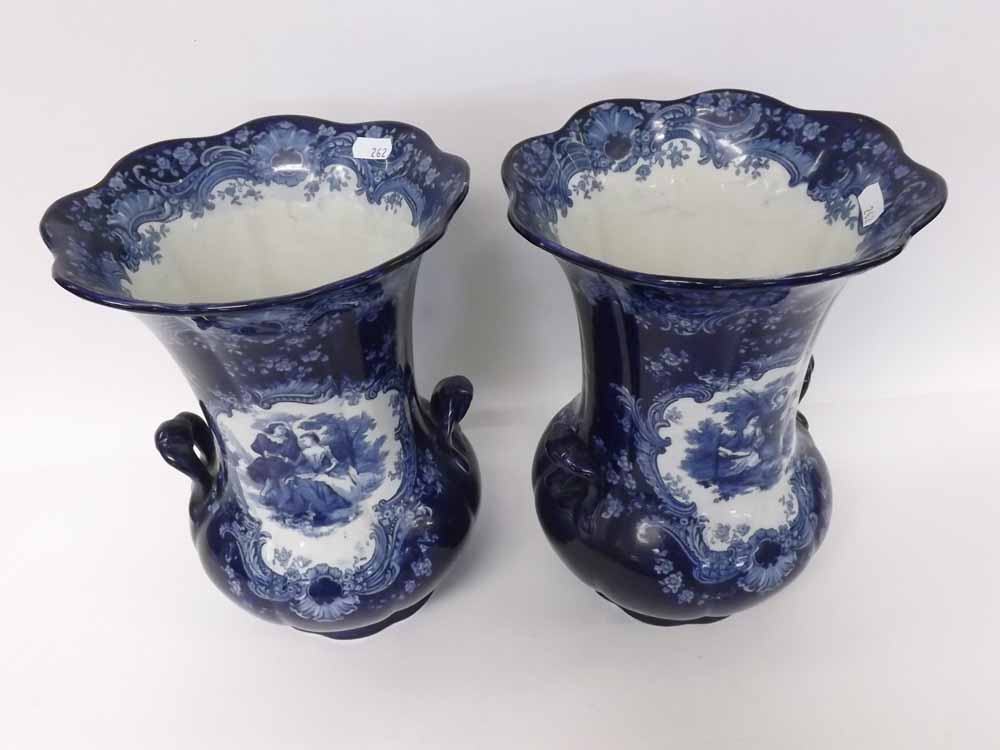 Pair of large Keeling & Co Losol ware Watteau pattern flared lip blue and white double handled