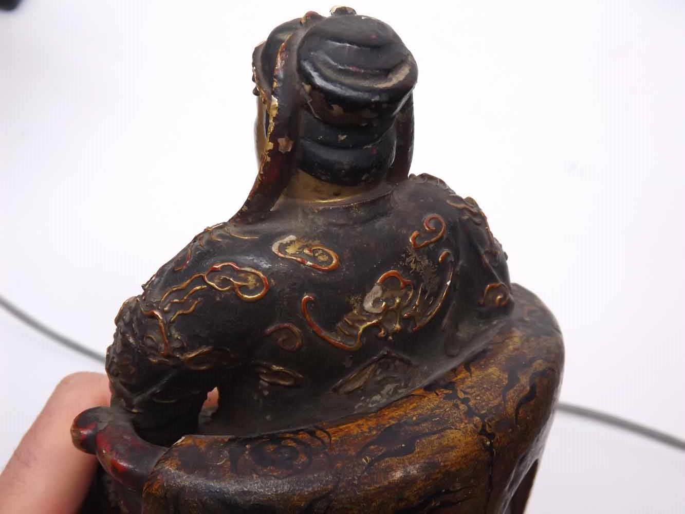 Chinese carved hardwood figure of a seated warlord on his throne, decorated throughout with gilded - Image 7 of 9