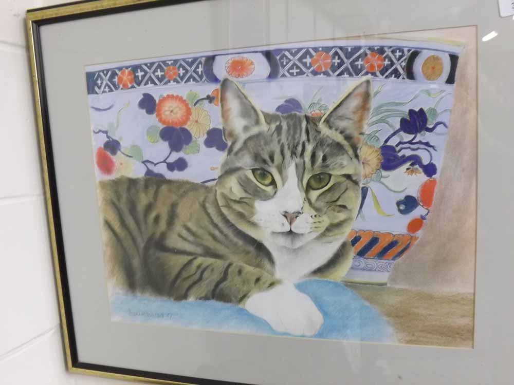 ANN ROBINSON, framed study, Seated tabby cat, in contemporary black and gilt frame, 29" wide