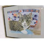 ANN ROBINSON, framed study, Seated tabby cat, in contemporary black and gilt frame, 29" wide