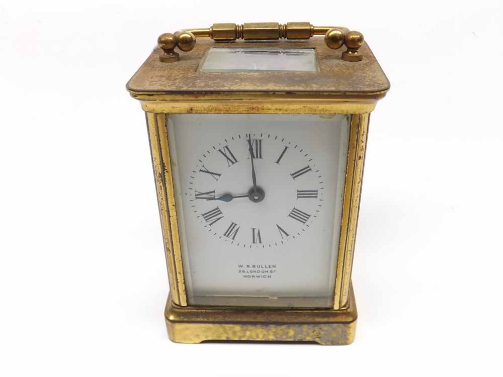 20th century brass four-glass carriage clock, fitted with lever platform escapement, retailers marks