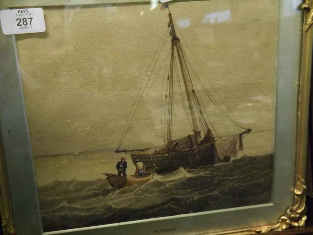 19th century watercolour study, figures beside a boat on rough seas, signed S Prout, gilt frame, 13"