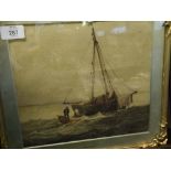 19th century watercolour study, figures beside a boat on rough seas, signed S Prout, gilt frame, 13"