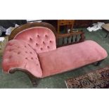 Late Victorian mahogany framed and pink button upholstered chaise longue, the arched back with