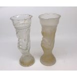 Near pair of frosted and clear glass vases, formed as hand holding a torch, 12" high