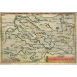 P BERTIUS: BURGUNDIE COM, engraved part hand coloured map circa 1584, approx 83 x 122mm, framed