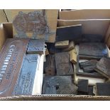 LARGE BOX: good quantity assorted copperplate printing blocks, plus wooden typographical letterpress