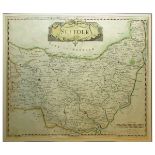 R MORDEN: SUFFOLK, engraved hand coloured map [1695], approx 355 x 415mm, framed and glazed
