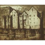 FRANK BRANGWYN, signed in pencil to margin, black and white etching, The Old Mill, Meause, 11" x