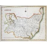 CREIGHTON/WALKER: SUFFOLK, engraved part coloured map circa 1844, approx 225 x 305mm, framed and