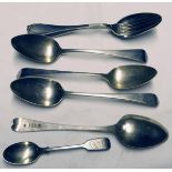 Mixed lot: four various Old English pattern table spoons together with a further Fiddle pattern