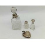 Mixed Lot: a moulded square glass scent bottle, of tapering form with hallmarked silver collar,