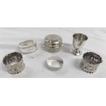 Mixed Lot: two various napkin rings, presentation engraved egg cup, silver lidded and cut clear