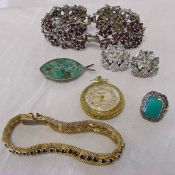 Mixed Lot: marcasite white metal ring; Savoy gilt metal fob watch; pair of paste-set clip on