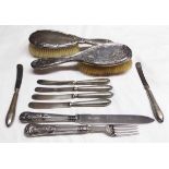 Mixed Lot: two various silver backed dressing table hairbrushes, six silver handled cake knives,