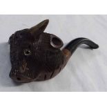 Unmarked briar pipe, the bowl modelled in the form of a bull's head with glass eyes and attached