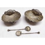 A pair of late Victorian shell salts with matching spoons (one repaired), Birmingham 1896, makers