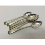 George V silver four-piece condiment set of panelled form comprising hinged lidded mustard with blue