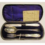Composite cased three-piece Christening set comprising mother of pearl handled knife and fork with