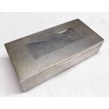 George V presentation engraved table cigarette box of hinged rectangular form with all over engine