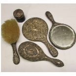 Mixed lot: two various dressing table hand mirrors, two various hair brushes and a silver lidded